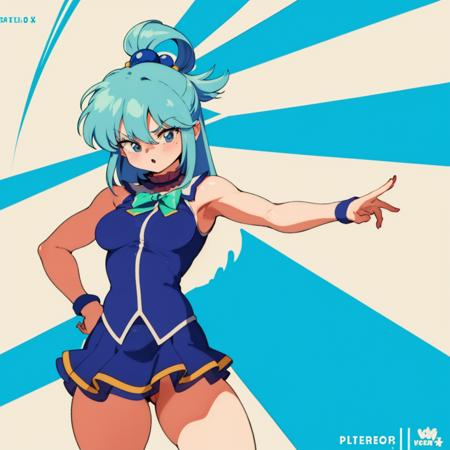 cowboy shot ,  1girl, <lora:aquaKonosuba:0.65> aqua \(konosuba\), blue hair,
 <lora:BluetheboneArtist-13:1.1> , bluetheboneaistyle, flat colors,1990s \(style\),