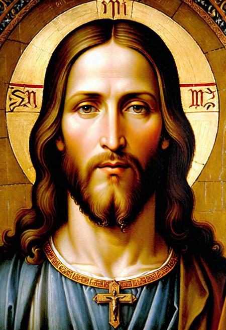 Incredible attention to detail showcases the iconic figure of Jesus in the style of Leonardo da Vinci, with extraordinary level of details.This masterful painting captures the essence of Jesus with captivating precision and artistry. The image portrays Jesus with delicate brushstrokes and exquisite shading, illuminating his serene expression and tender eyes. Every facial feature is meticulously rendered, evoking a profound sense of divinity and wisdom. The rich colors and subtle highlights further enhance the depth and realism of the painting, emanating an undeniable aura of brilliance. This exceptional artwork immortalizes Jesus in a truly magnificent and awe-inspiring manner.