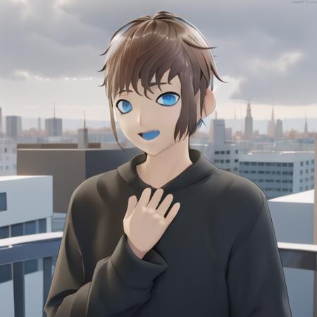 Masterpiece, Best Quality, ArnasAtakiyo, solo, looking at viewer, (smile:0.2), blue eyes, city, brown hair, 1boy, open mouth, male focus, detailed background, portrait, :3, hand on chest