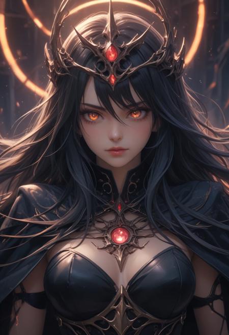 score_9, score_8_up, score_7_up, score_6_up, dynamic, (anime, masterpiece), best quality, (8k), detailed background, sharp focus, intricate, ambient lighting, super high quality, hyper detailed background, cinematic lighting, adult, double tone long hair, medium breasts, verybadimagenegative_v1.3, Nightmare Empress, Dreamweaver Cloak, Eyes of the Abyss, Thorned Eclipses