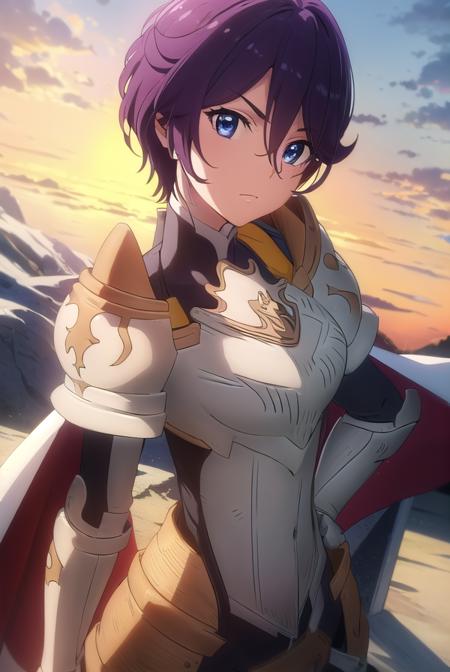 beefeaterecaty, <lora:beefeater e caty s2-lora-nochekaiser:1>,
beefeater e caty, short hair, purple hair, blue eyes, hair between eyes,
BREAK skirt, gloves, cape, armor, shoulder armor, gauntlets,
BREAK outdoors, forest, nature, sun, sky, clouds, trees, grass,
BREAK looking at viewer, (cowboy shot:1.5),
BREAK <lyco:GoodHands-beta2:1>, (masterpiece:1.2), best quality, high resolution, unity 8k wallpaper, (illustration:0.8), (beautiful detailed eyes:1.6), extremely detailed face, perfect lighting, extremely detailed CG, (perfect hands, perfect anatomy),