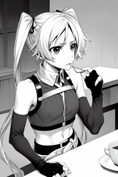 1girl,  angelica, midriff, bare shoulders,  belt, elbow gloves, fingerless gloves, long hair, twintails,  eating, table, tavern,    <lora:angelica-manga:1>, , highres, absurdres,