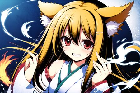 (masterpiece:1,2), best quality,
1girl, solo, animal ears, long hair, red eyes, smile, animal ear fluff, bangs, blush,hair between eyes, bare shoulders, upper body, looking at viewer,  white kimono, japanese clothes, breasts, kimono, water, teeth, very long hair, bubble, long sleeves, upper teeth only, water background, white sleeves, cast fire in hand, blue fire 
shinryuusai,  <lora:tenmu_shinryuusai:1>