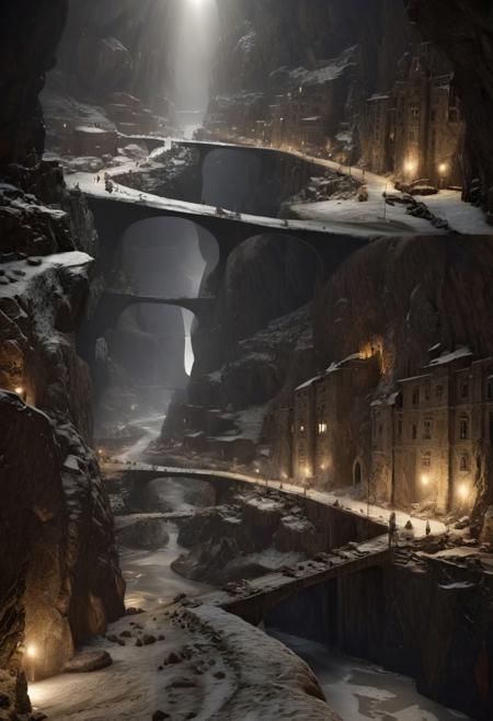 <lora:JJsUnderGroundBuilding_XL:1>,   ((UnderGround Building)), ((masterpiece)), ((best quality)), scenery, real world location,  realistic, dramatic lighting, high detailed, center composition, ,scenery, dramatic lighting, best quality, hyper detailed, ultra detailed, ultra high definition, 8k, super sharp focus, golden ratio, great detail of textures, night,sky, building,  indoor lighting,road,ice, river, mountain, bridge, moon, blizzard, torch, snow,