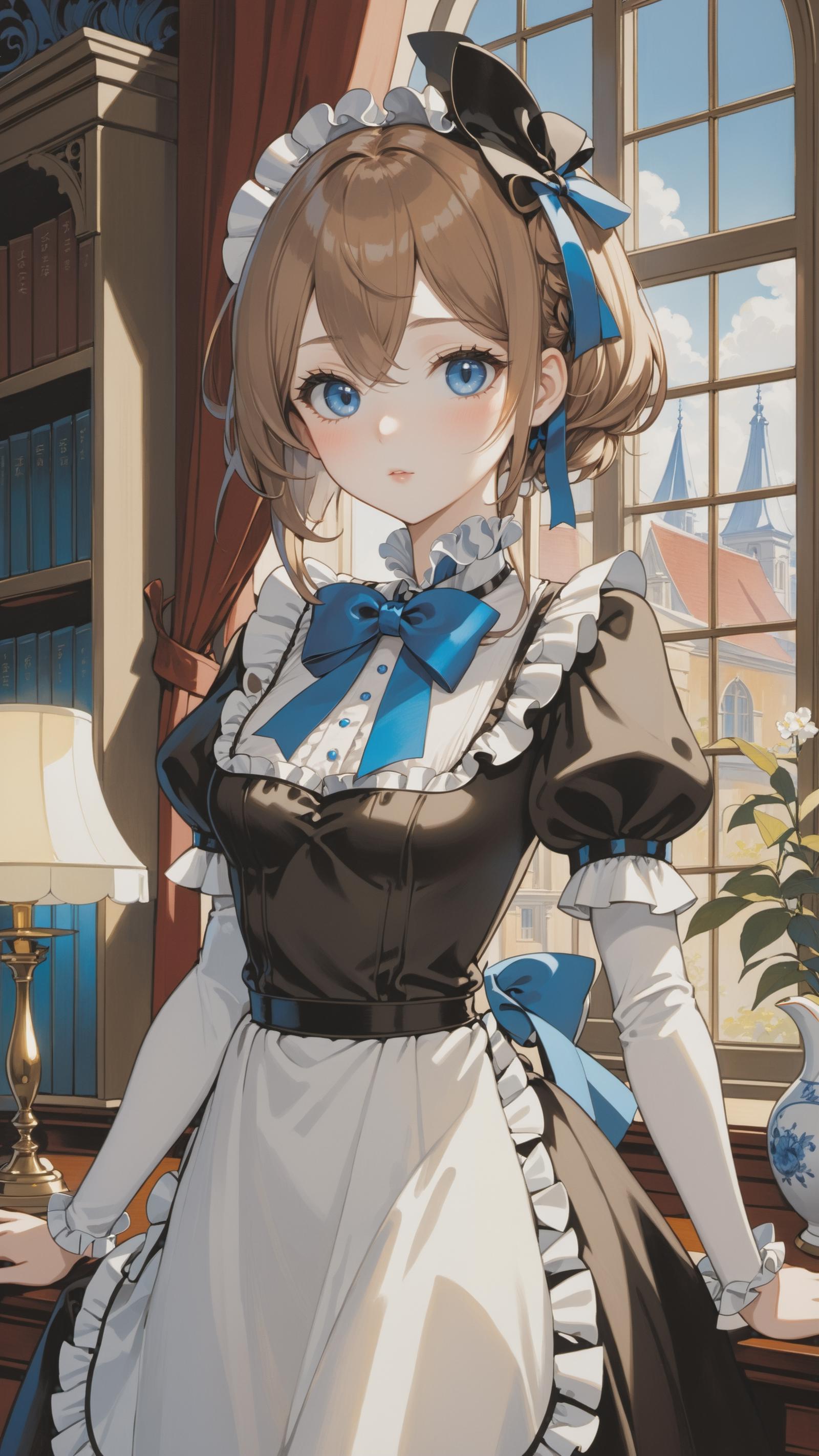 Anime character in a kitchen, wearing a maid's outfit and blue bow tie.