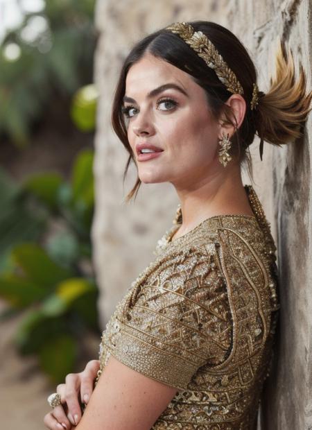 (magnificent:1.2) lucy_hale, in (beachwear|pilgrim costume:0.5) ,portrait, intricate detail, (quad tails:1.2), at Luxurious  art by  (Brad Kunkle)
 <lora:lucy_hale-000007:0.8>