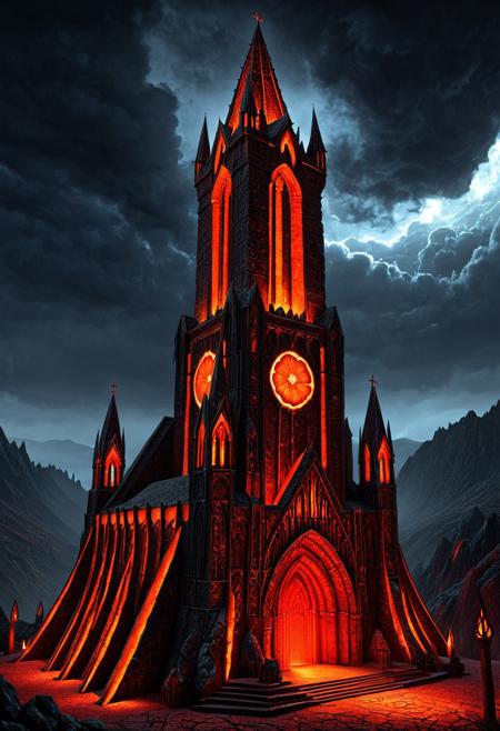 a colossal, grimdark gothic spire in the style of Quake 3 arena, its ancient, mossy stonework is melting and dripping with a thick, glowing liquid like blood orange magma. The architecture is infused with a surreal, glowing citrus-like texture that seeps through crumbling eldritch carvings. Set in a desolate, misty valley of forsaken towers under a stormy, overcast sky.
Hyperdetailed structure, dramatic volumetric lighting, ominous atmosphere, cinematic angle, high detail, taste blood orange style, grimdark fantasy, Lovecraftian, medieval horror, melting architecture, bleeding stone, corrupted cathedral, matte painting.
