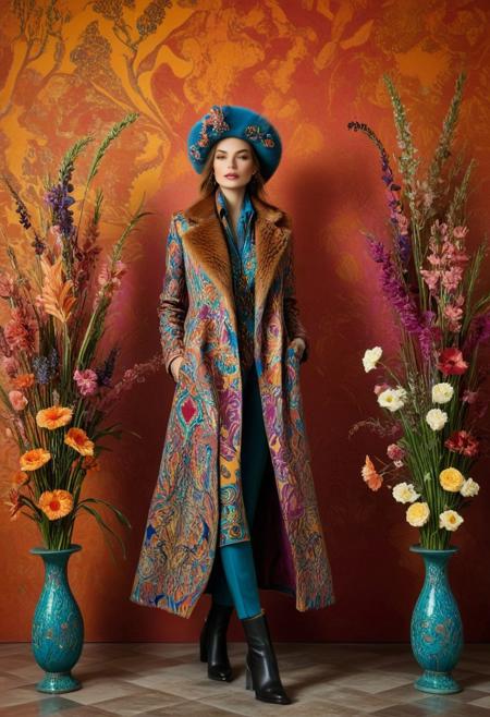 A model in an outfit with a long coat, fur hat, and boots in the style of Etro, posing against the backdrop of a wall painted with a textured pattern, surrounded by vases filled with flowers. The overall style is artistic and colorful, with patterns on the fabric, creating a unique visual effect. In her hands, she holds small bouquets of flowers. This photo was taken using a Canon EOS R5 camera.