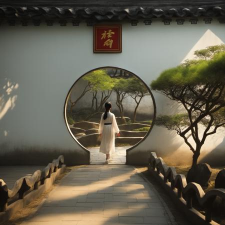 yueliangmen,1girl, there is a mirror in the middle of a path in a garden, circular gate in a white wall, qiangshu, play of light, perfectly shaded, morning lighting, medium closeup, mystical setting, during the day, walking at the garden, chinese, su fu