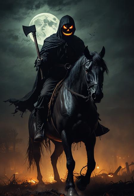 Horror Halloween style, black night with  glowing pumpkin head, riding black horse, holding axe, evil horse glowing eyes,  torn cape, op art, thick strokes, Rembrandt, Caravaggi,  dark, side view, wide angle, fog, dynamic,  zombie, <lora:xl_more_art-full_v1:0.12>