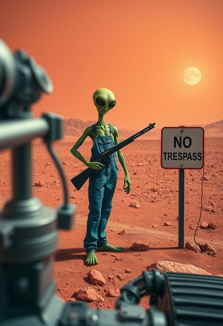 photograph of an alien on mars taken by a NASA mars rover. blurry rover robotic arm in the foreground
In the middle of the image, a green alien stands a few meters from the rover, he wears a blue jeans overall and holds a pump action shotgun. The alien looks angry.
Next to the alien is a sign that reads "NO TRESPASS".
The scene takes place on the surface of Mars, the ground is made of red rocks and sand, red mountains can be seen in the distance. The sky is red and dusty. The sun appears small and weak in the sky. The landscape is empty and desolate.
18mm, wide angle camera, jpg artefacts,