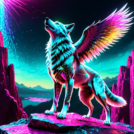 h4v_h0l0
Close up, lone cybernetic wolf howling atop a neon-lit cliff, its body dissolving into holographic particles that refract prismatic light (cyan, magenta, gold). Each particle reveals a floating digital rune, while the ground beneath glitches into fractal patterns. Translucent hologram wings emerge from its back, scattering pixelated auroras across a stormy synthwave sky. Ultra-detailed 8K, hyper-realistic fur textures with wireframe layers, cinematic volumetric lighting, trending on ArtStation