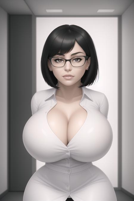 Detailed Refined Intricate Gradients, 1girl, deep cleavage, breasts, office, hallway, from the front, leaning forward, breast, hands on knees, wide shot, open white blouse, black skirt, glasses, unbutton