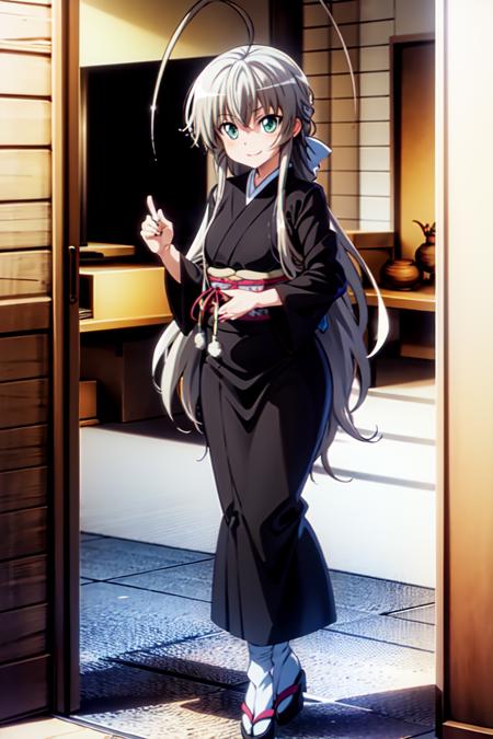 masterpiece, best quality, nyarlathotep \(nyaruko-san\), full body, standing, japanese clothes, kimono, ahoge, smile