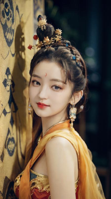 huji,fine - art photography,soft portrait shot 8 k,mid length,ultrarealistic uhd upper body,unsplash,kodak ultra max 800,85 mm,intricate,centered symmetrical composition,stunning photos,masterpiece,grainy,centered composition,smile:1.3,(sharp face:1.2),
<lora:xiyuhuji_V1-000006:0.9>,<lora:add_detail:0.4>,red duohuan_dress,(golden hair:1.4),solo,jewelry,earrings,long hair,(huadian:1.2),hair ornament,upper body,red lipstick,(blue eyes:1.3),