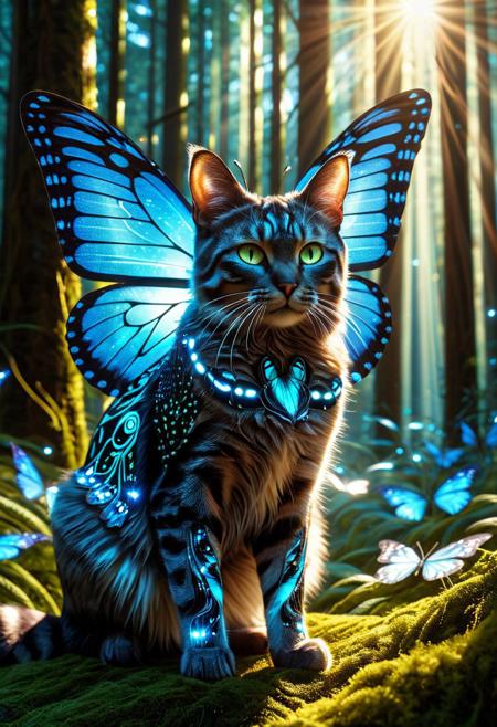 a majestic cat with butterfly wings and cybernetic butterfly patterns on its fur, intricate glowing lines tracing along its body, iridescent reflections on metallic fur strands, perched in a futuristic forest with light rays filtering through bioluminescent trees, ultra-detailed face with sharp eyes reflecting light, shallow depth of field, glowing ambient particles, cinematic lighting, high contrast, dramatic shadows, lens flares and soft bloom, hyperrealistic textures, butterflyStyle