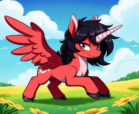 <lora:70_CutePony:0.6>, feral pony, Derpibooru_p_95, (small:1.2), (cute:1.2), tail, fur, hooves, (small body:1.2), (blush:1.1), smug, safe, red skin, long black hair, pegasus (wings:1.2) standing, jewelry,
from below, meadow background, (vector:0.8) (detailed:0.6)