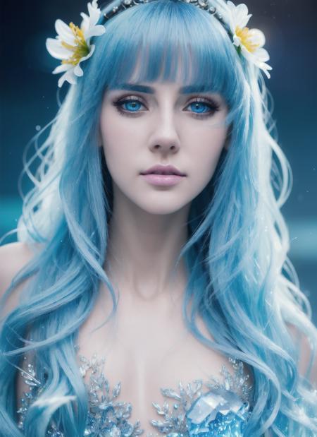 masterpiece, best quality, beautiful detailed girl, beautiful detailed glow, detailed ice, beautiful detailed water, beautiful detailed eyes, expressionless, floating palaces, azure hair, disheveled hair, long bangs, hairs between eyes, skyblue dress, midriff, half closed eyes, big forhead, blank stare, flower, cyborg, cyberpunk, neon lights