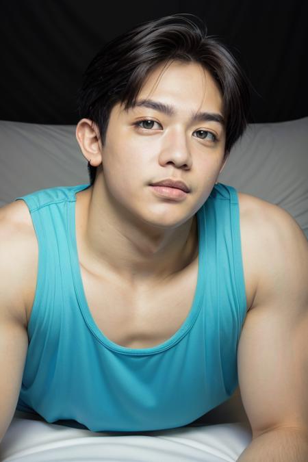 mark reyes, lying down, hunk, face, front upper body, tank top,  muscular  (absurdres, highres, ultra detailed) ((masterpiece)), ((best quality:1.1)), High Resolution, 8k,1boy, best quality, masterpiece, (photorealistic:1.4), 4k, high quality, masterpiece, best quality, highres, dynamic poses, realistic, mature male, looking at viewer,  <lora:mark-reyes-09 (1):1> <lora:photorealistic02:0.3>