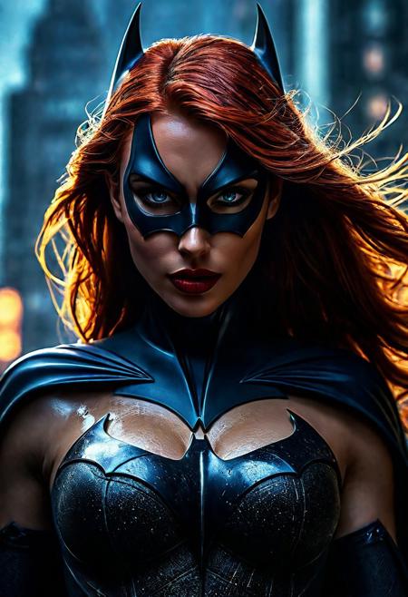High resolution ultra-realistic of Beautiful bloody Batgirl  fighting against alien invasion, masterpiece, best quality, 1girl, batgirl, close up, realistic, dirty, bruise, blue eyes, mask, bodysuit, red hair, lips, long hair, solo, dark, cinematic style, standing on a bloody and stormy battle in a destroyed Gotham city in a fighting pose, bloody and dirty, realistic combat costume, whole body, perfect athletic figure, wavy long red hair, handsome bloody face, beautiful perfect detailed pupils, wet oily shiny skin, covered in dirty and blood, beautiful firm Breasts, defiant and seductive, attractive 21 year old Batgirl, 8k resolution concept art portrait by Greg Rutkowski, Dark Gotham City, Artgerm, WLOP, Alphonse Mucha, dynamic lighting, hyperdetailed, intricately detailed, Splash art trending on Artstation triadic colors, Unreal Engine, 5 volumetric lighting, Cinematic Lighting, intricate, smooth, sharp focus digital painting, Asymmetrical Balance, realistic eyes, ultra detailed atmospheric details, sparkle effects, realistic body proportions, beautiful body female soldier proportions, complex masterpiece, dramatic atmosphere