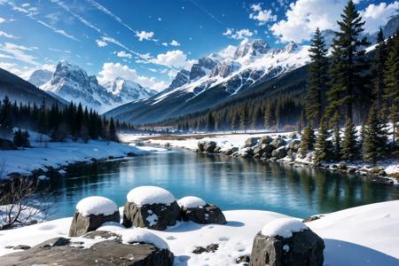 , cloud, cloudy sky, day, landscape, mountain, mountainous horizon, outdoors, river, rock, scenery, sky, snow, snowing, tree, water, waterfall