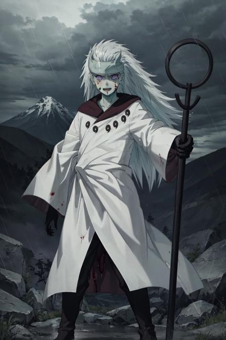 Madara, masterpiece, best quality, pale skin, long hair, gray hair, white tunic, black collar, black gloves, black legwear, headband, black balls, purple eyes, upper body, mountains, night, rocks, clouds, (rain, raining, wet), full body, black legwear, angry, :D, teeth, looking at viewer, purple aura, magic, energy <lora:Madara_Six_Paths:1>, holding, black staff, blood on face, crying blood, blood on clothes, torn clothes, standing