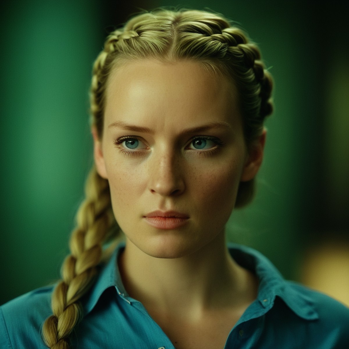cinematic film still of  <lora:Kill Bill style:1>
Cinematic film image of The Blonde a woman with a braid in a blue shirt,...