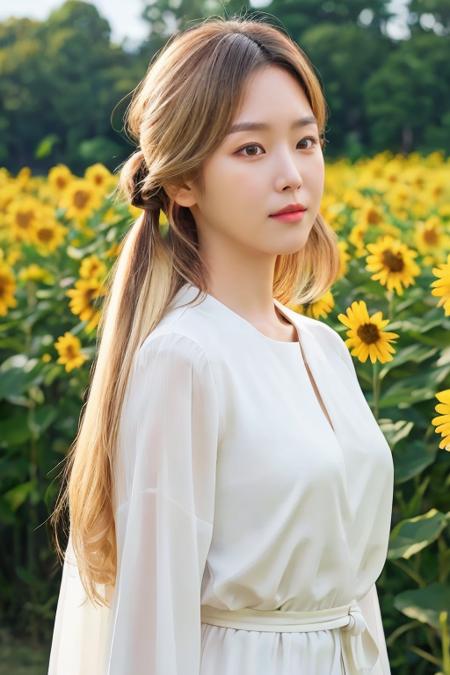 blonde twintails hair bun, ((blonde hair)), (mature body), (upper body:1.5), nikon RAW photo,8 k, Fujifilm XT3,masterpiece, best quality, realistic, photorealistic, ultra detailed, extremely detailed face, solo,1girl, standing, close up, (narrow waist), white dress on field of sun flowers, <lbm=FACES>