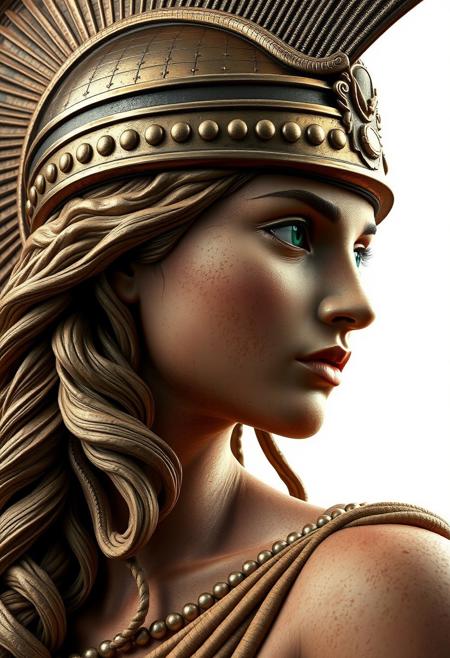 side view of Athena Pallas the ancient greek Goddess, she wears a greek helm, masterpiece, best quality, high quality, hyper detailed, high res, intricate detail, HDR, 8k, sharp focus, detailed background, realistic eyes, detailed skin texture, realistic, white background