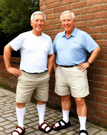 Masterpiece, absurdres,HDR, wallpaper quality ,highly detailed eyes and face,smiling, excited,socksandals, footwear, socks with sandals, two men standing next to each other on a brick road ,wearing socksandals, <lora:socksandals:1>