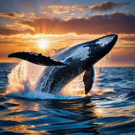 a stunning high-resolution image of a humpback whale in mid-strait, water
splashes reflecting sunlight at sunset, wispy clouds and realistic water reflections