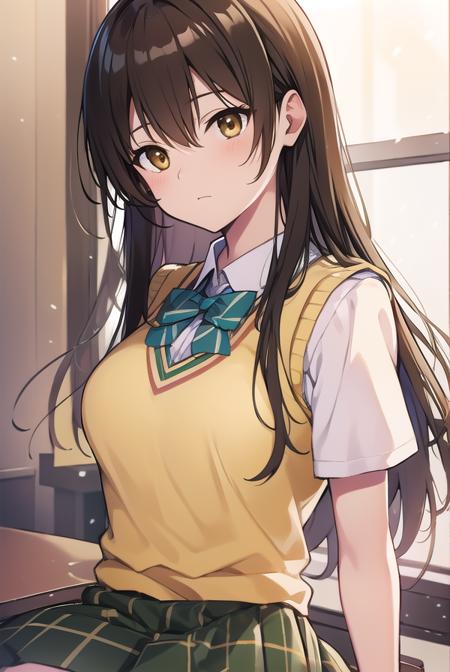 kotegawayui, <lyco:yuikotegawa-LYCORIStest:1>,
yui kotegawa, black hair, (brown eyes:1.5), long hair,
BREAK green skirt, plaid, plaid skirt, sainan high school uniform, school uniform, skirt, sweater vest, (yellow sweater:1.3), short sleeves,
BREAK looking at viewer,
BREAK indoors, classroom,
BREAK <lora:GoodHands-vanilla:1>, (masterpiece:1.2), best quality, high resolution, unity 8k wallpaper, (illustration:0.8), (beautiful detailed eyes:1.6), extremely detailed face, perfect lighting, extremely detailed CG, (perfect hands, perfect anatomy),