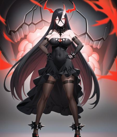 best quality, digital art, full-body portrait, (hand on own thigh, hand on hip:1.3),
BREAK
battleship water oni, abyssal ship, 1girl, red eyes, glowing eyes, serious, white skin, colored skin, horns, single horn, crossed bangs, black hair,  very long hair, hair between eyes, bare shoulders, cleavage, black dress, large breasts, strapless dress, frilled dress, (black gloves, elbow gloves, spiked bracelet:1.2), black pantyhose, nice hands <lora:envybetterhandsLocon_beta2:0.75>