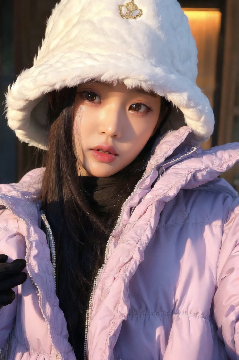 <lora:wonv1A:0.7>, Jang Wonyoung, 1girl, asian, brown eyes, closed mouth, fur hat, fur trim, hat, jacket, lips, looking at...