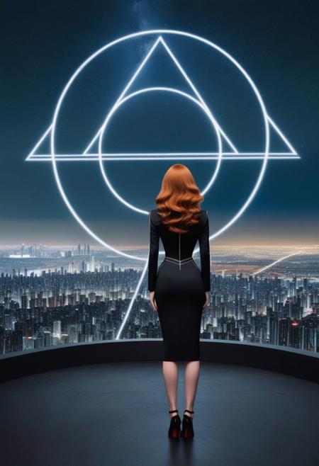 In center of the picture a woman holding up black circle in bold lines intersected by a thick lines, Gnostic symbol, symmetrical,
In the background: ((An enormous city sprawl with a city skyline reaching for the stars,
Aleph Tower, centre for the AI that rules the Human civilization, in a glittering city of glass and shining metal,
   bright sunlight under a pitch black sky.
twice five miles of urban sprawl,
in the front a mysterious woman, slick suit, long sleeves, reminiscent of old pin up models,( full body portrait:1.5), petite body, secretive face, long ginger hair, flowing curls, pale skin, blushing, Freckles, red lipstick, slight smile, red shawl, proud)),  
Photographer Reuben Wu Style