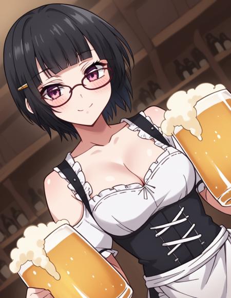 souna sitri, short hair, black hair, hair ornament, glasses, hairclip, bangs, blunt bangs, purple eyes, medium breasts shirt, ribbon, school uniform, white shirt, black ribbon, neck ribbon, capelet, black capelet, long sleeves, skirt, red skirt,