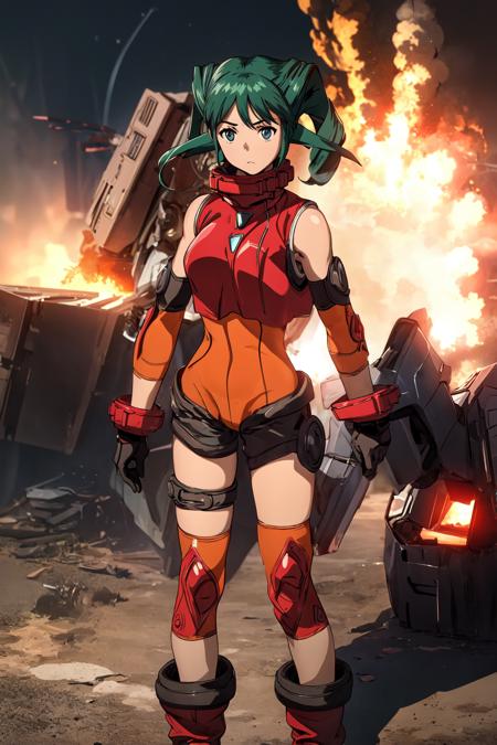 solty revant, green hair, red tops, bare shoulders, bodysuit, gloves, boots