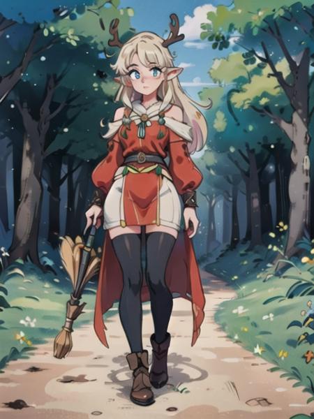 (best quality, masterpiece, illustration:1.1), woman in a forest holding a staff, kingdom of elves, young woman with antlers, on forest path,  <lora:BrushlineBeta:0.6>