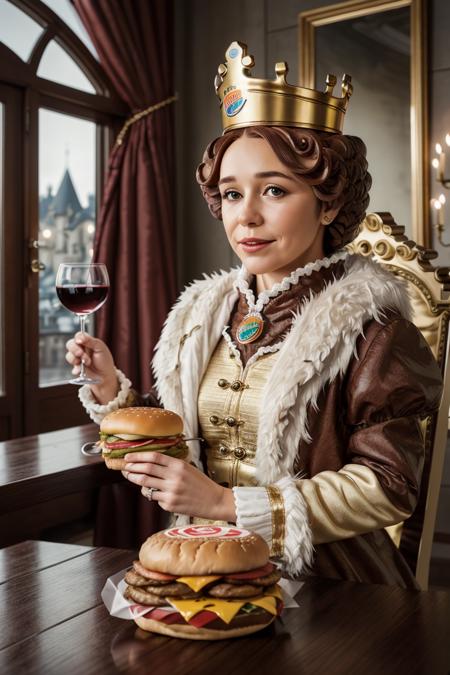 1girl, solo, portrait of queen burgerking mascot woman sit on king throne, giant burgers on wooden table,  glass of wine, castle, golden ornament, looking at viewer, details, realistic, photography, blurry background, softfocus , bokeh <lora:ARWBurgerKingMascot:1>