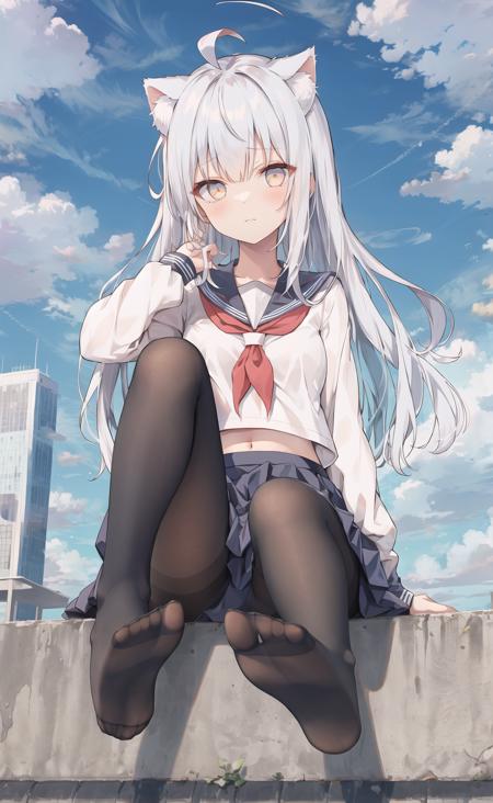 ((masterpiece, best quality)),a girl, solo, skirt, sky, sitting, pantyhose,black legwear, serafuku, blue sky and cloud,day, bangs, fence, shirt, ahoge, rooftop, long hair, black pantyhose,white hair, white school uniform, white sailor collar,golden eyes, sailor collar, white skirt, red neckerchief, white serafuku, animal ears, blue sky,white shirt, looking at viewer, closed mouth,cat ears, no shoes, white skirt, cloudy sky,from below