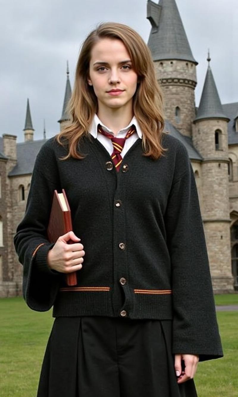 3mm4w, photo of a woman wearing hogwarts school uniform holding a book looking at the viewer standing in the yard of medieval castle 