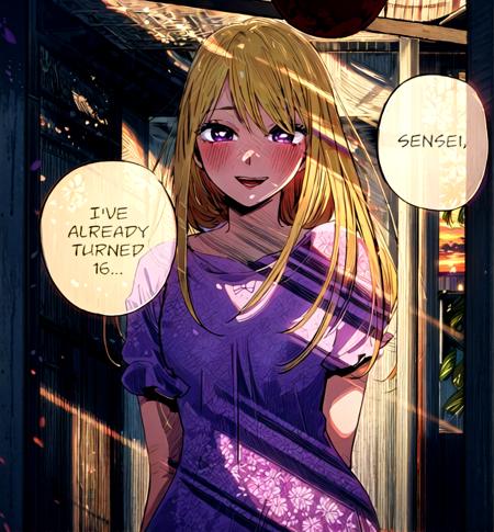 ruby hoshino, blonde hair, extremely detailed, detailed eyes, + +, dappled sunlight, purple eyes, sunset, <lyco:Ruby3:0.68><lyco:Ruby3:0.68>