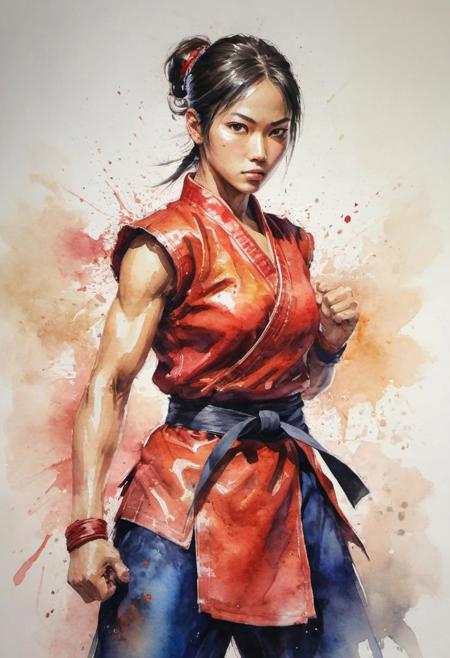 by Shotaro Ishinomori, silat female fighter, (shiny, artstyle-watercolor but extremely beautiful:1.4), (intricate details, masterpiece, best quality:1.4) , in the style of nicola samori, 
street fighter style 2D art, Vibrant, dynamic, arcade, 2D fighting game, highly detailed, reminiscent of Street Fighter series,, looking at viewer