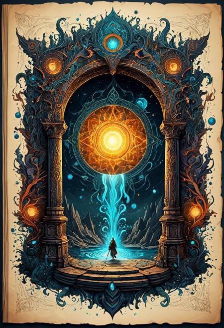 Finely detailed vector illustration, portal to another dimension, ultra realistic quality, hyperdetailed, intricately detailed, fantastical, intricate detail, splash screen, dramatic colors, fantasy concept art, 8k resolution, masterpiece, ink on old parchment, faded colours, magical glow, calligraphy,