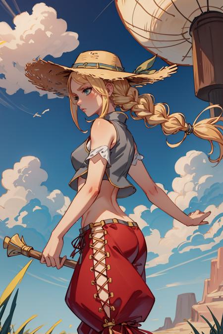 masterpiece, 4K, best quality, penelo_rev, twin braids, straw hat, grey crop top, red pants, slippers, walking, from side, sky, airship, cloud trails, grass, desert <lora:penelo-nvwls-v1-000009:0.9>