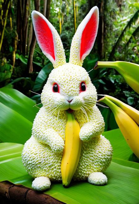 Create an image of a whimsical creature that resembles a small rabbit with the texture and color of a banana strawberry. The creature's body and face are covered in strawberry red, with characteristic seed-dotted skin. It has green leaf-like structures mimicking ears and a ruff around its neck, as if the top of a `banana was placed on its head. This rabbit-like entity has round, innocent eyes, a green pink nose, and delicate white whiskers. Its pose is seated, with one paw slightly raised as if it were about to take a gentle step, and its tail curls behind its body, appearing plump and banana-like as well. Surrounding the creature are actual bananas of a similar shade of yellow and with green caps, scattered on a glossy wooden jungle surface. In the soft-focused background, hints of jungle plants in shadows create an almost ethereal setting. The overall atmosphere is quaint and charming, evoking a sense of magical realism.