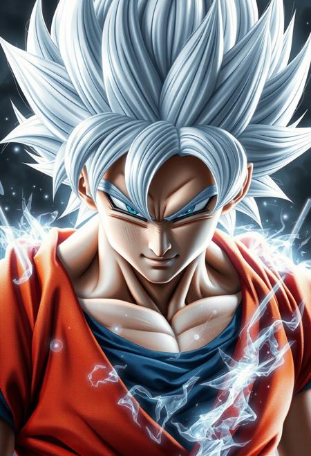 A realistic lifelike full body portrait of Goku in ultra instinct mode reimagined as a real person.   with silver & white hair, silver aura around his body, intense look