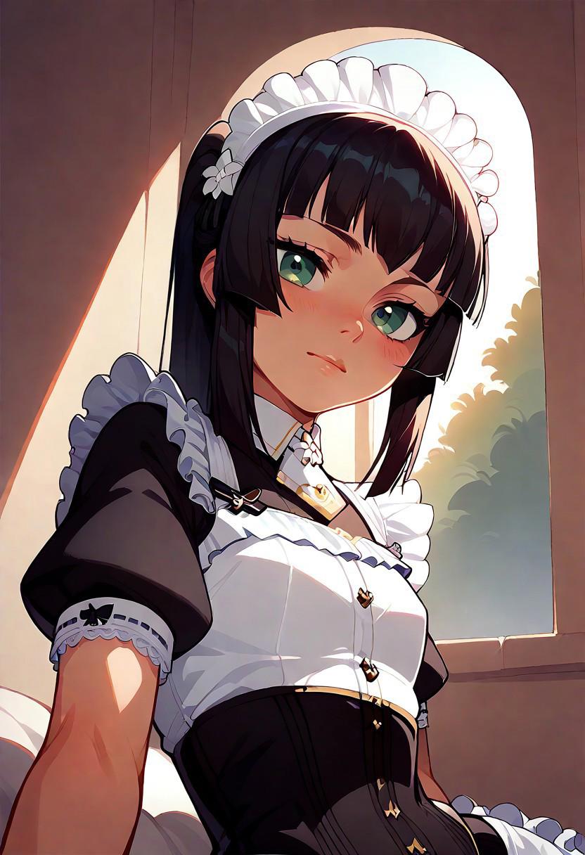 score_9, score_8_up, score_7_up, score_6_up, source_anime. zPDXL3, 1girl, solo, Mafuyu, Sofia maid outfit, Sofia maid headdress, Sofia maid gloves, looking at viewer, smile, leaning forward, upper body, bedsheets, indoors, white wall, window, flowing curtain, tree, morning, sunlight, sunny, sky, cloud, pov across bed, from below, from side, dutch angle, (sidelighting:0.5)