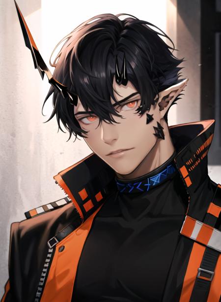 flamebringer \(arknights\), 1boy,solo,male focus, black hair,short hair,hair between eyes,orange eyes,horns,pointy ears,oripathy lesion (arknights), infection monitor (arknights),jacket,shirt,black shirt, scar on chest,scar,jewelry, necklace, sunglasses, 