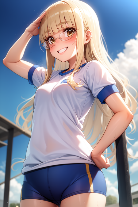 clostermann, brown eyes, blonde hair, long hair, blunt bangs, cat ears, cat tail glasses, blue military uniform, long sleeves, white ascot, no pants, black pantyhose, black shoes